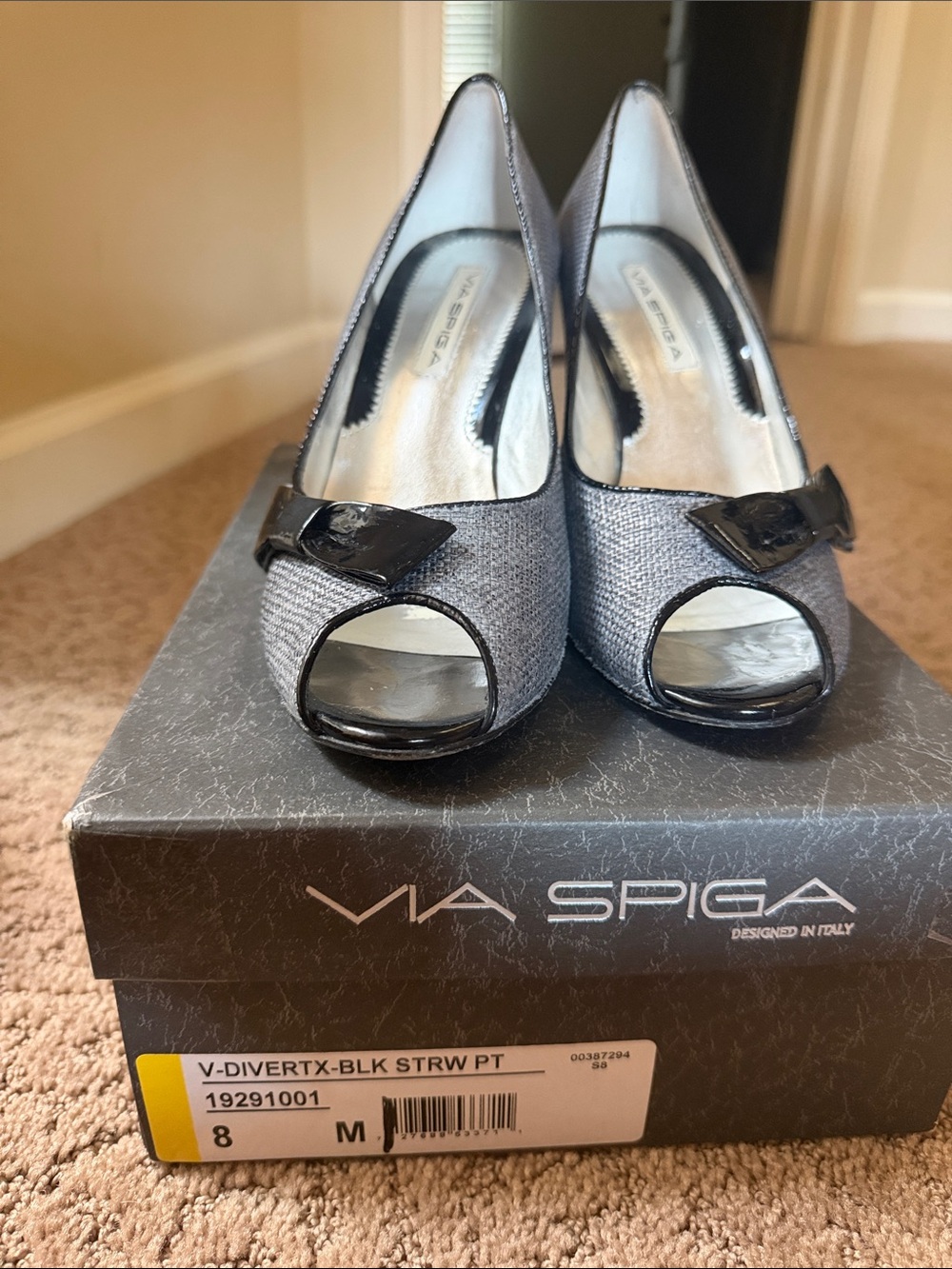 Via Spiga Silver and Black Peep-Toe Heels